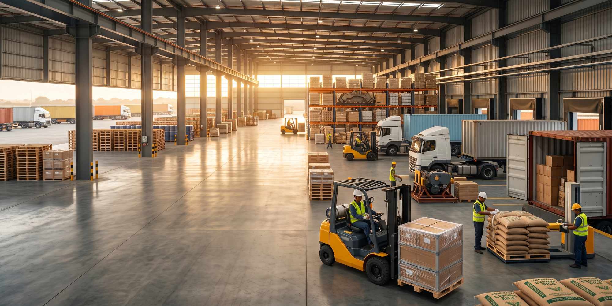 Large panoramic warehouse with logistics operations